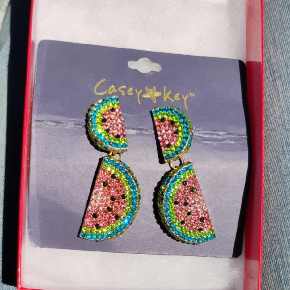 Casey Key Pink Green Blue Crystal Watermelon Drop Earrings